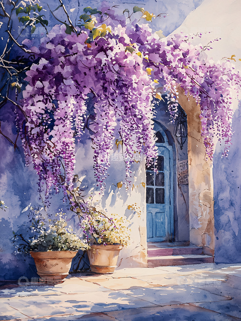 高清大图下载【趣麦麦图】紫藤花门前水彩画