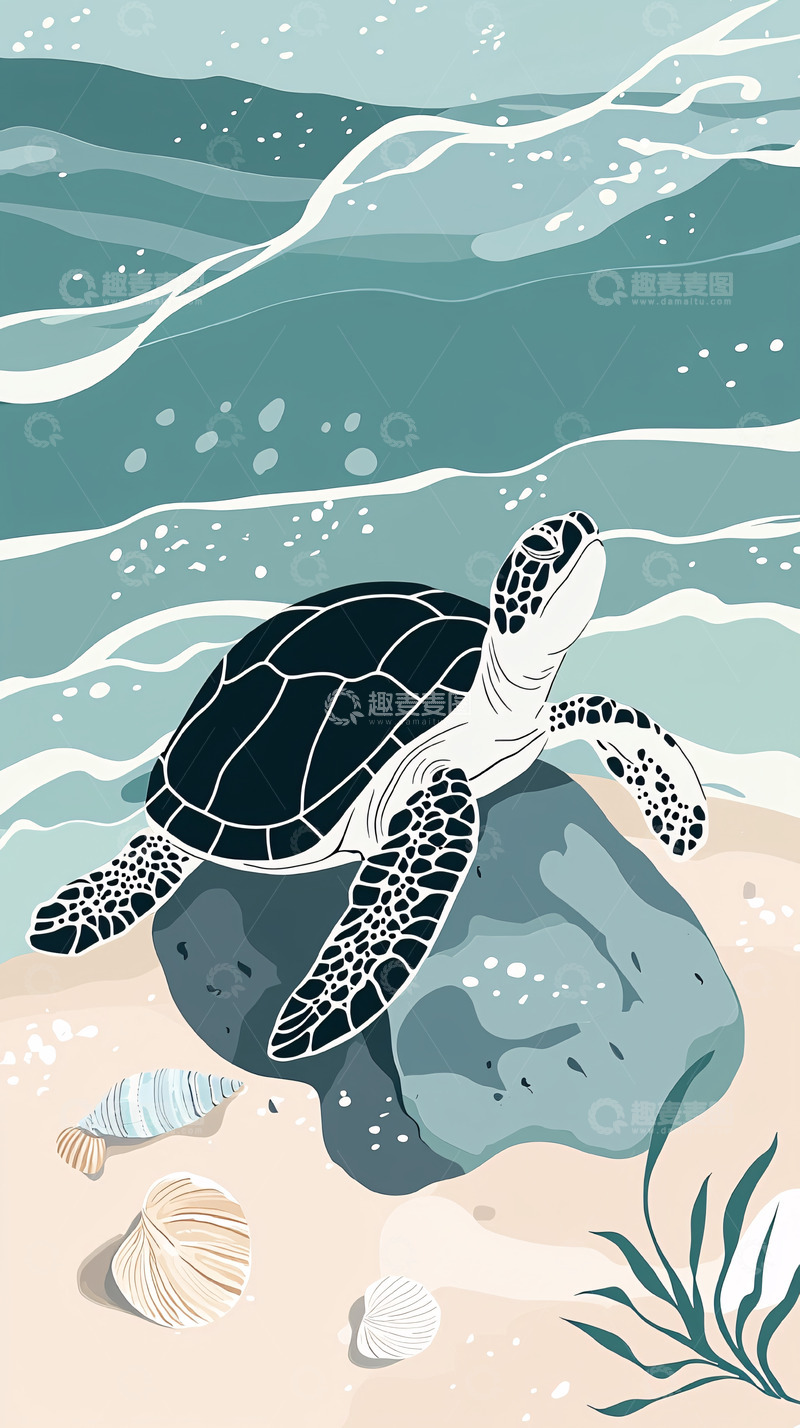高清大图下载【趣麦麦图】海龟在海边岩石上休息
