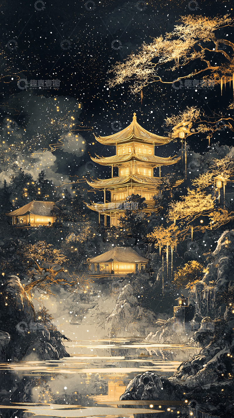 高清大图下载【趣麦麦图】夜空下金色的中式建筑