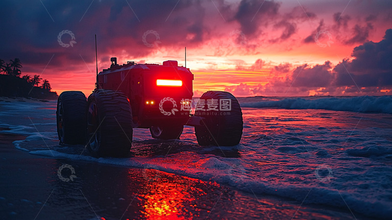 高清大图下载【趣麦麦图】沙滩日落越野车