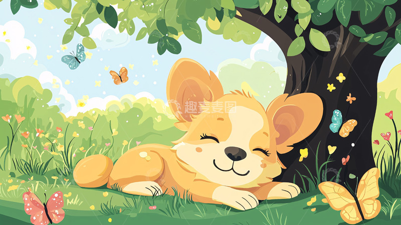 高清大图下载【趣麦麦图】可爱柯基犬树下小憩