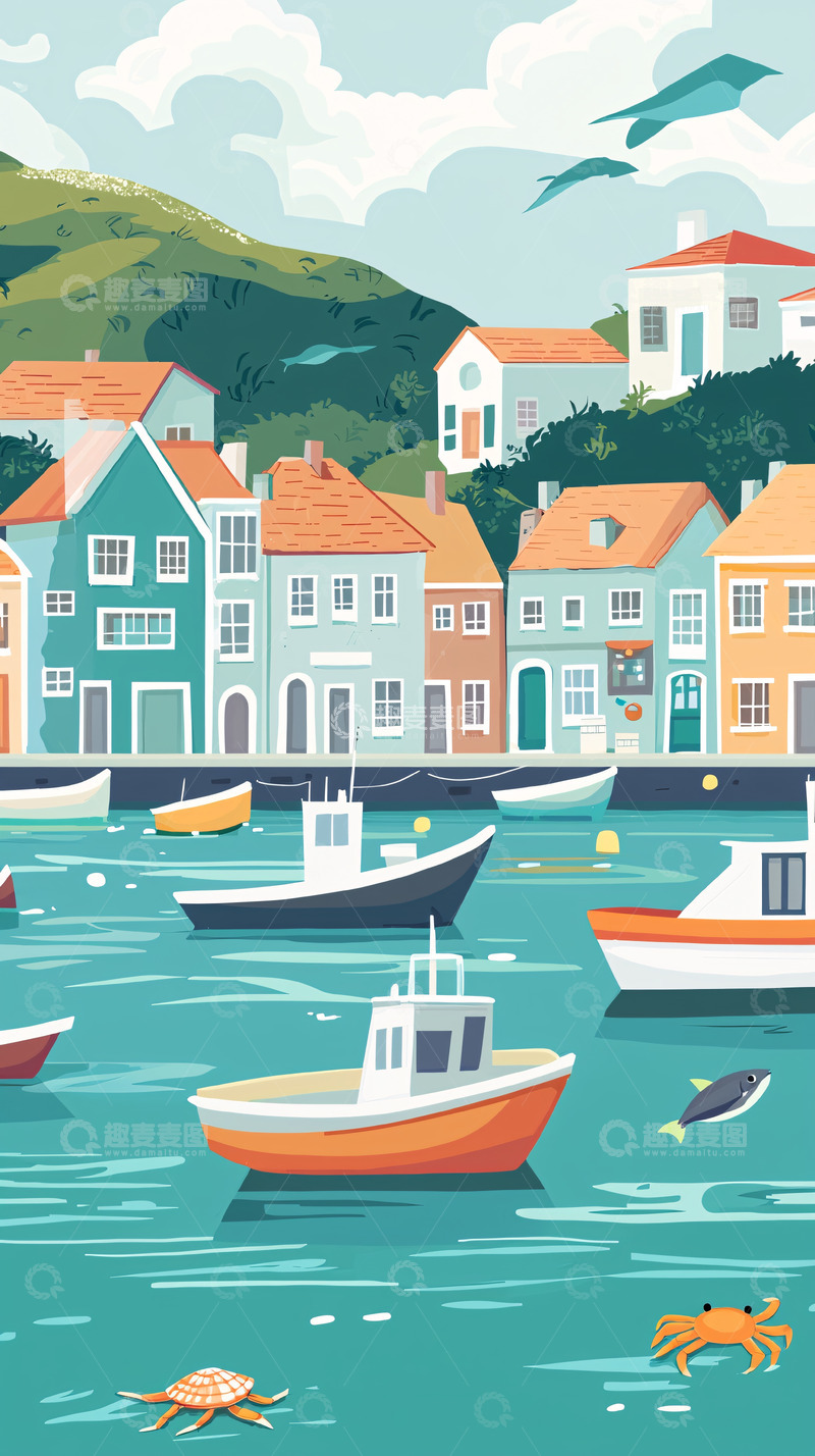 高清大图下载【趣麦麦图】海边小镇风景插画