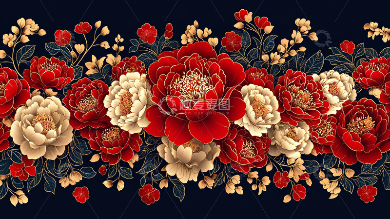 高清大图下载【趣麦麦图】红白牡丹花卉无缝图案