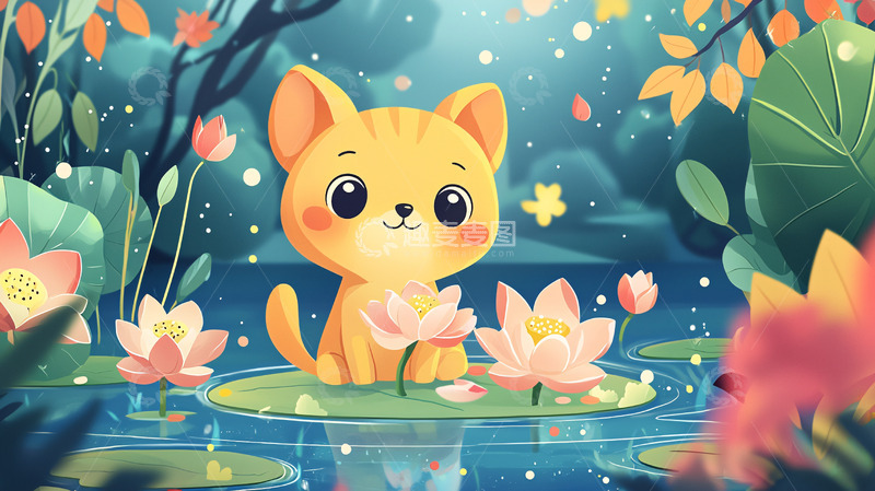 高清大图下载【趣麦麦图】可爱小猫荷花图