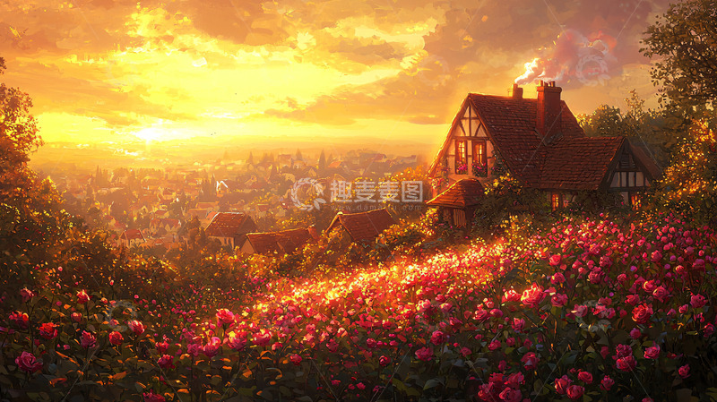 高清大图下载【趣麦麦图】夕阳下的田园小屋