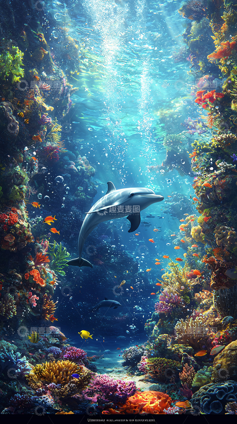 高清大图下载【趣麦麦图】水下海豚与珊瑚礁共舞