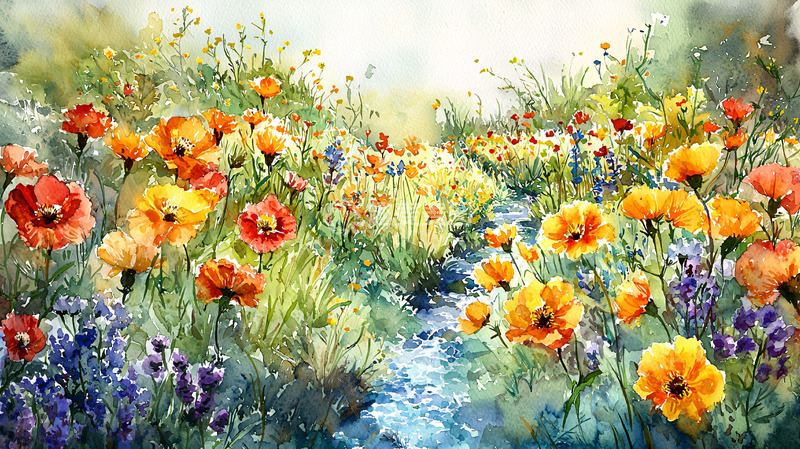 高清大图下载【趣麦麦图】水彩花田溪流