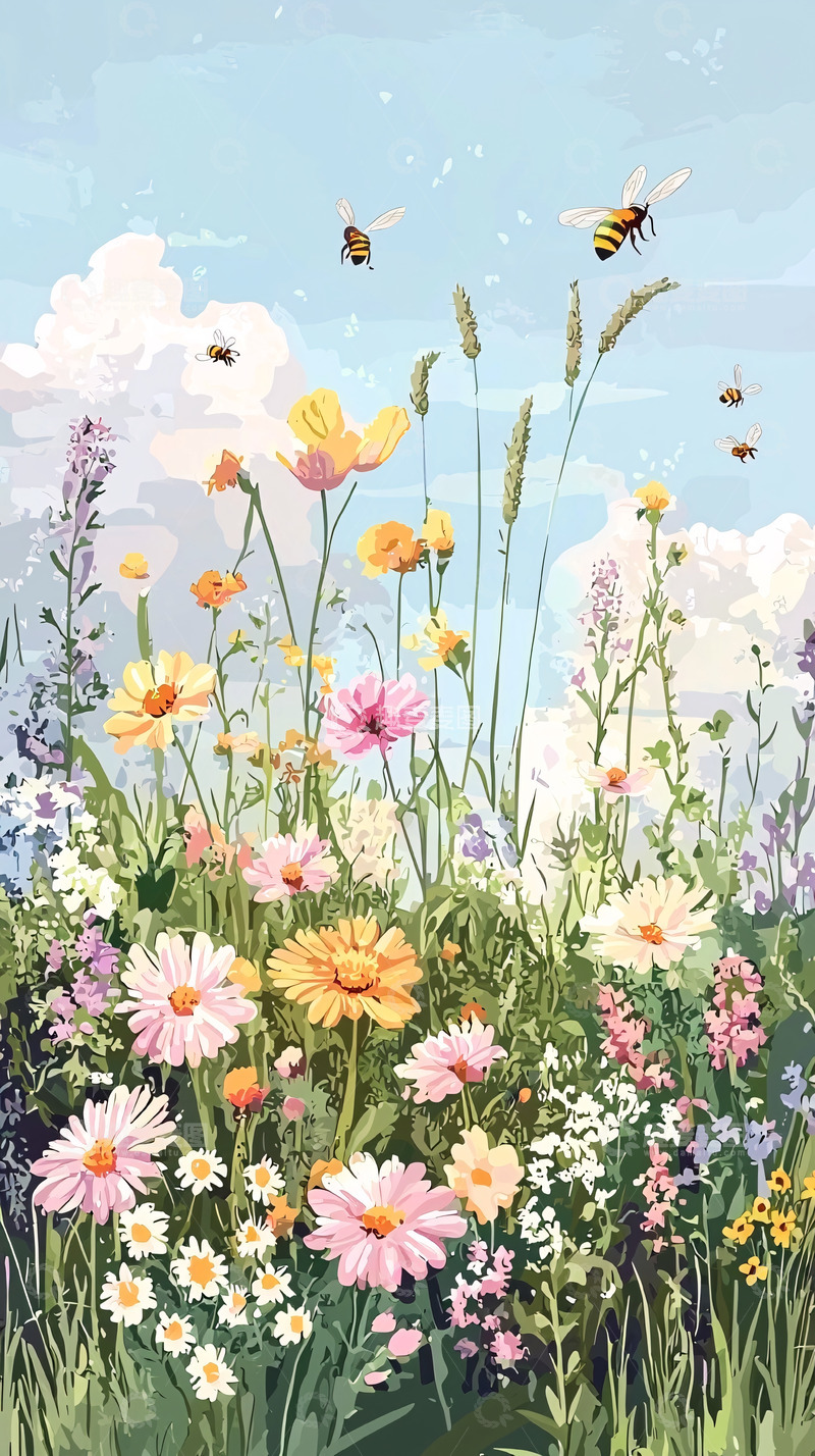 高清大图下载【趣麦麦图】蓝天白云下的野花田