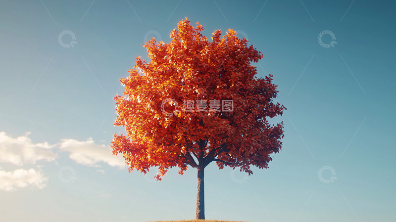 高清大图下载【趣麦麦图】蓝天下孤零零的红枫树