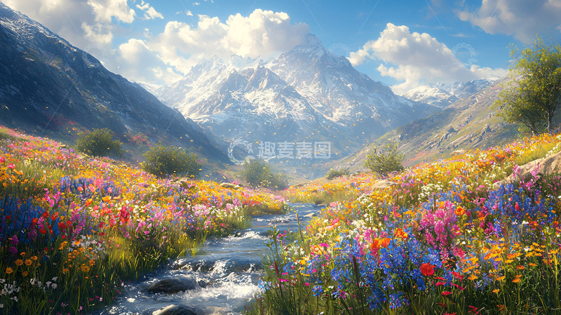高清大图下载【趣麦麦图】山脉花海溪流