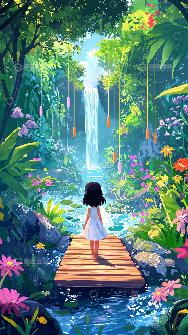 高清大图下载【趣麦麦图】梦幻森林瀑布女孩