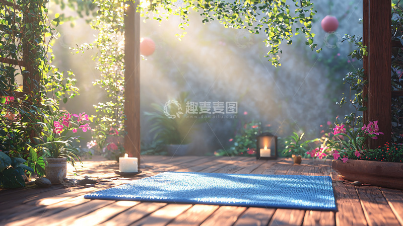 高清大图下载【趣麦麦图】阳光透过树林洒在瑜伽垫上