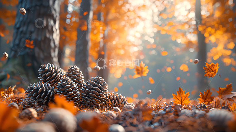 高清大图下载【趣麦麦图】秋日森林松果落叶