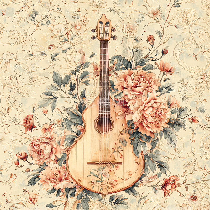 高清大图下载【趣麦麦图】复古吉他花卉图案