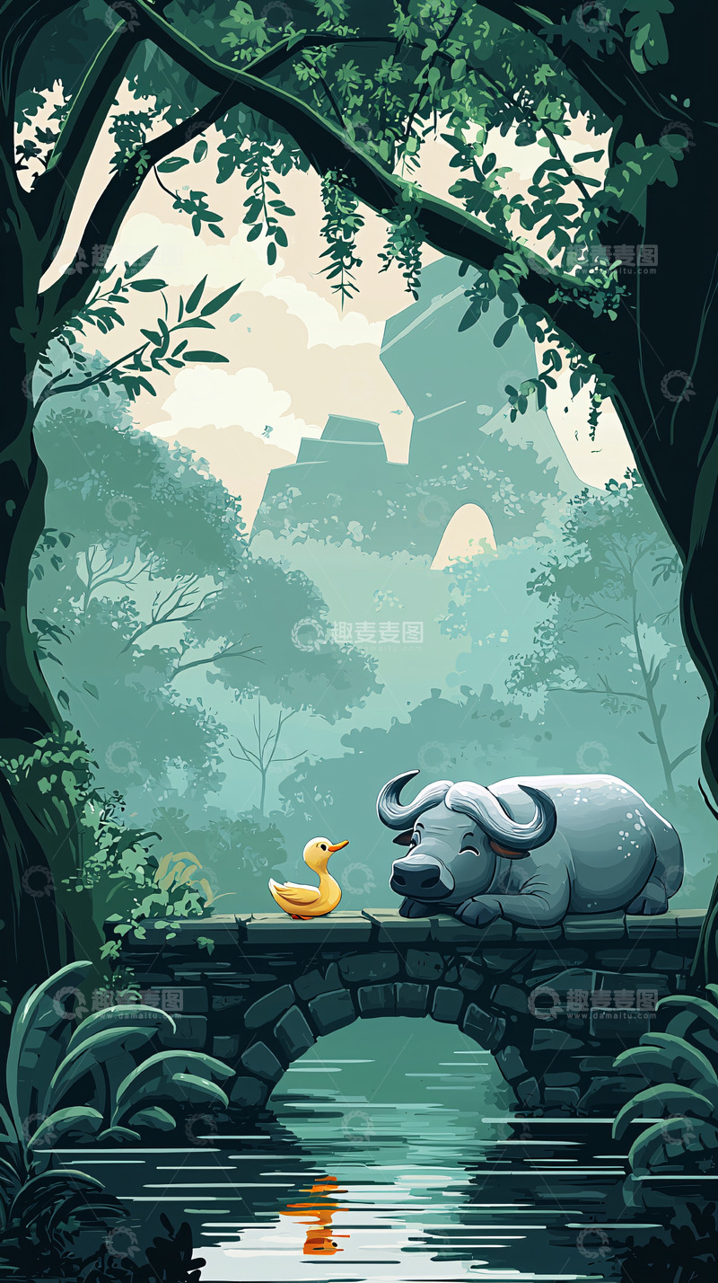 高清大图下载【趣麦麦图】小鸭与水牛的森林桥梁图