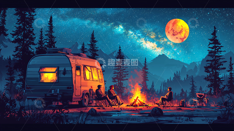 高清大图下载【趣麦麦图】夜晚露营篝火