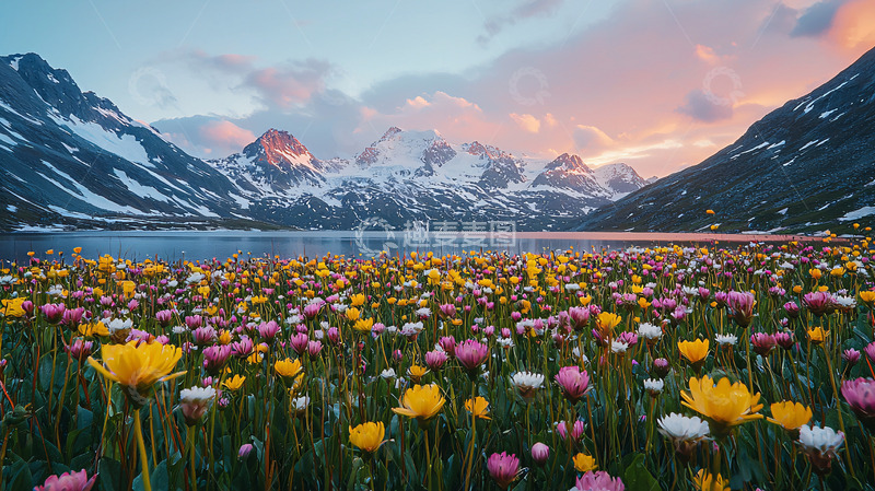 高清大图下载【趣麦麦图】日出雪山花海湖泊
