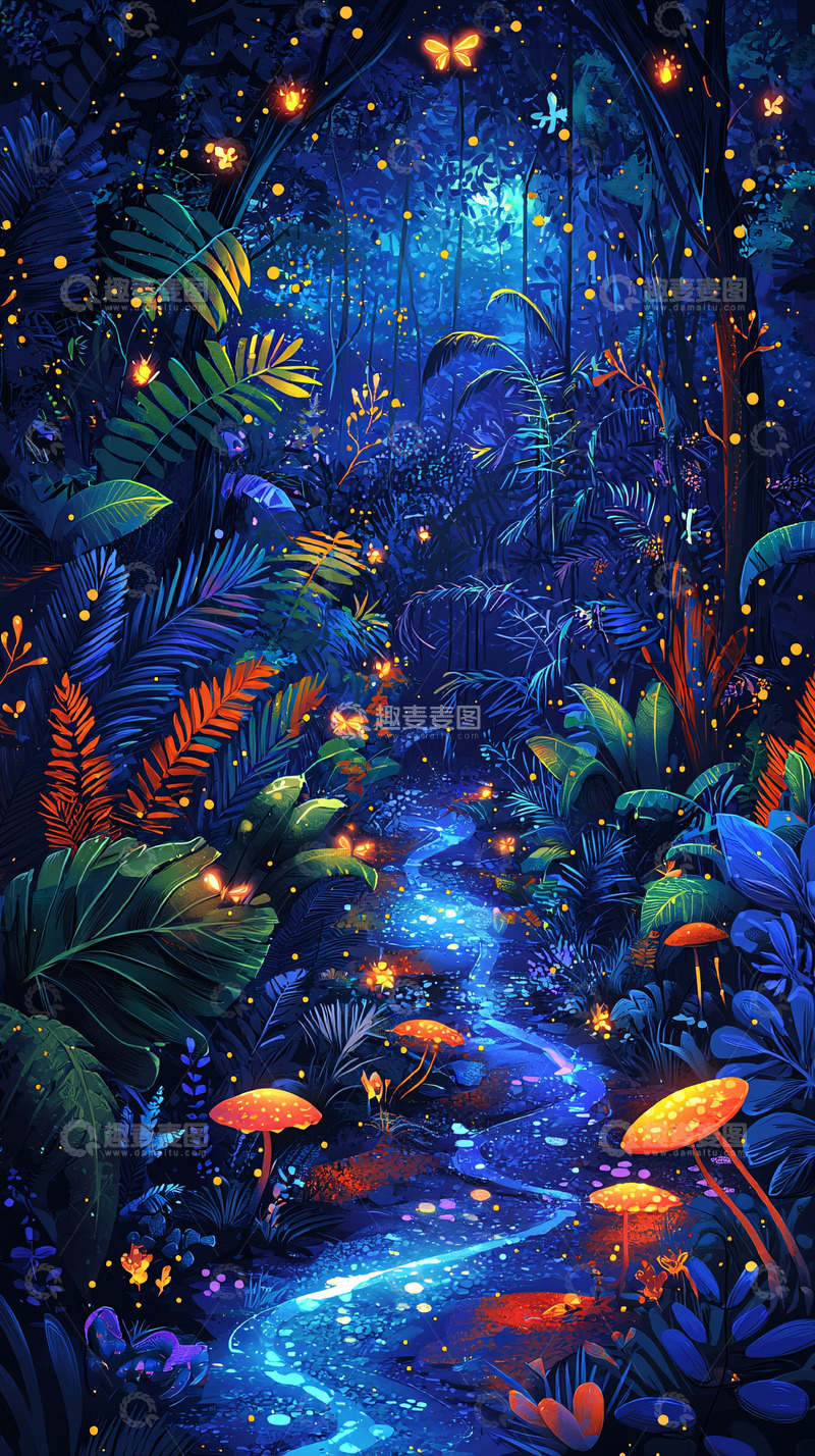 高清大图下载【趣麦麦图】蓝色梦幻森林夜晚