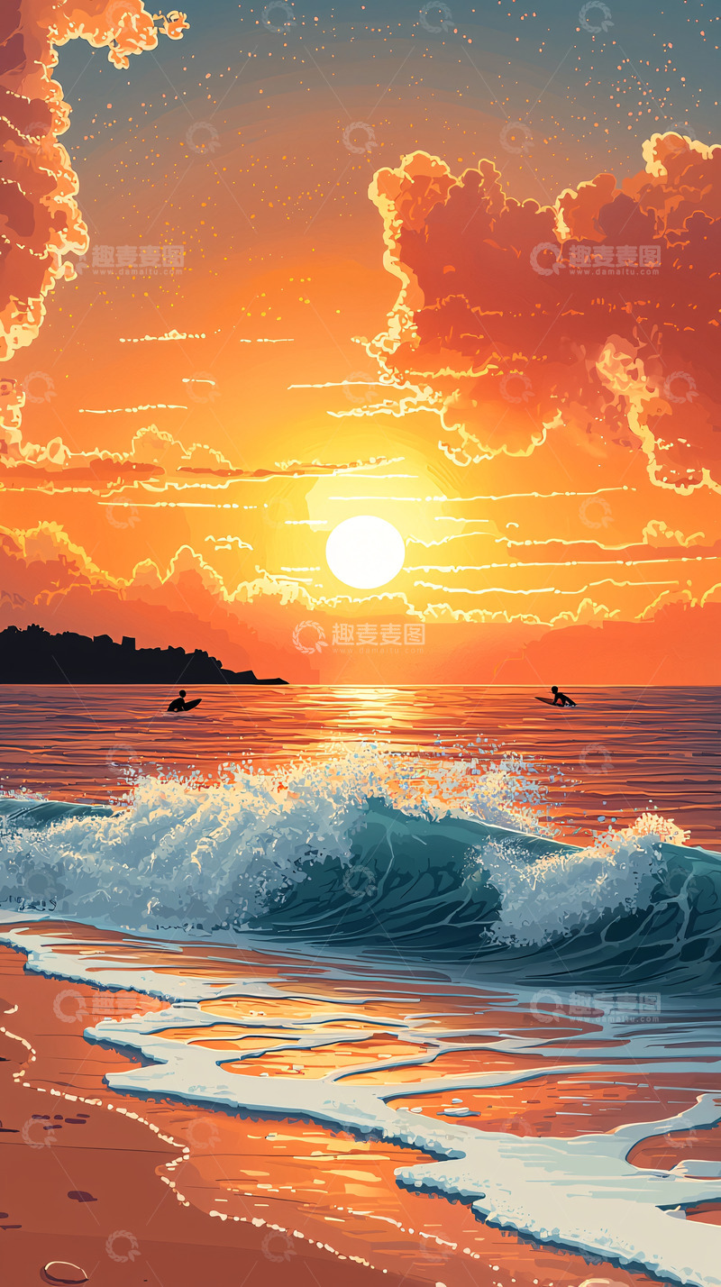 高清大图下载【趣麦麦图】日落海滩风景画