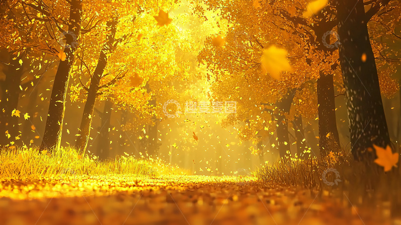 高清大图下载【趣麦麦图】秋日金黄落叶小路