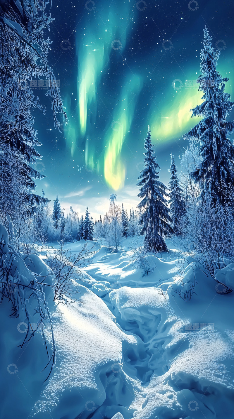 高清大图下载【趣麦麦图】雪地中的极光夜景