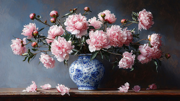 粉嫩牡丹静物油画