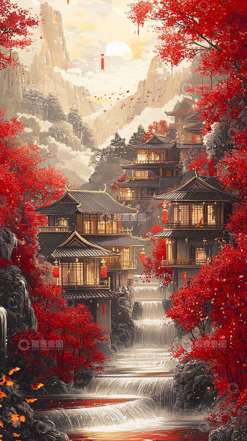 高清大图下载【趣麦麦图】水墨风红色山水亭台楼阁