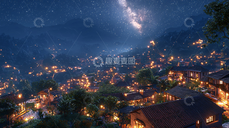 高清大图下载【趣麦麦图】夜色山村灯光璀璨