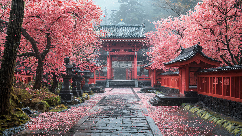 高清大图下载【趣麦麦图】粉红樱花环绕的日式寺庙