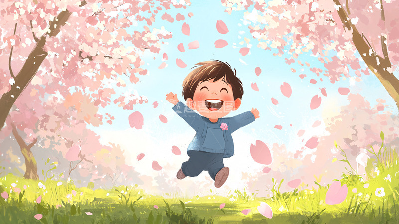 高清大图下载【趣麦麦图】樱花树下快乐奔跑的孩子