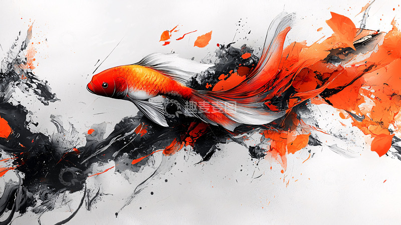 高清大图下载【趣麦麦图】抽象水墨金鱼
