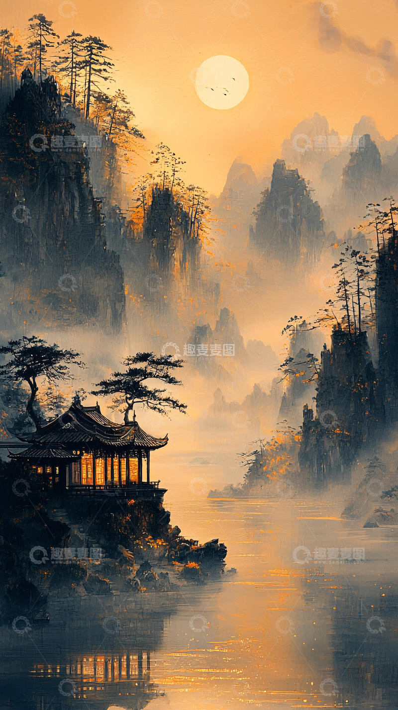 高清大图下载【趣麦麦图】山水画风亭台楼阁意境