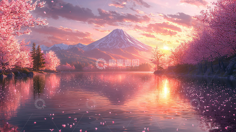 高清大图下载【趣麦麦图】富士山日出樱花湖泊