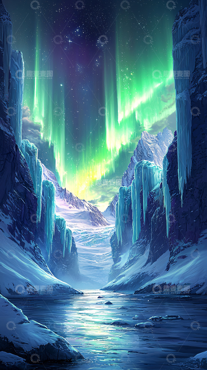 高清大图下载【趣麦麦图】冰雪覆盖的山谷中的极光