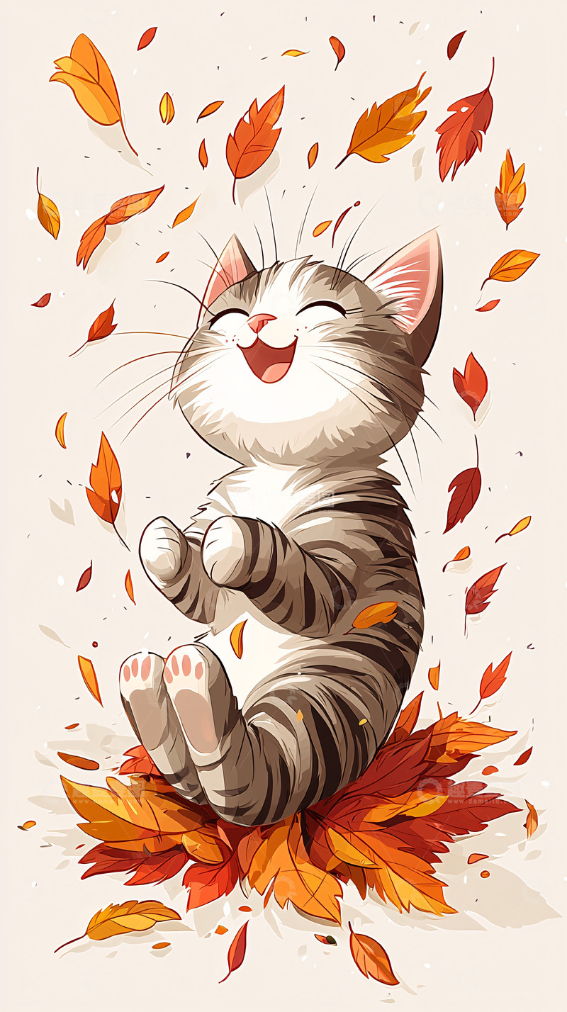 高清大图下载【趣麦麦图】快乐猫咪秋叶图