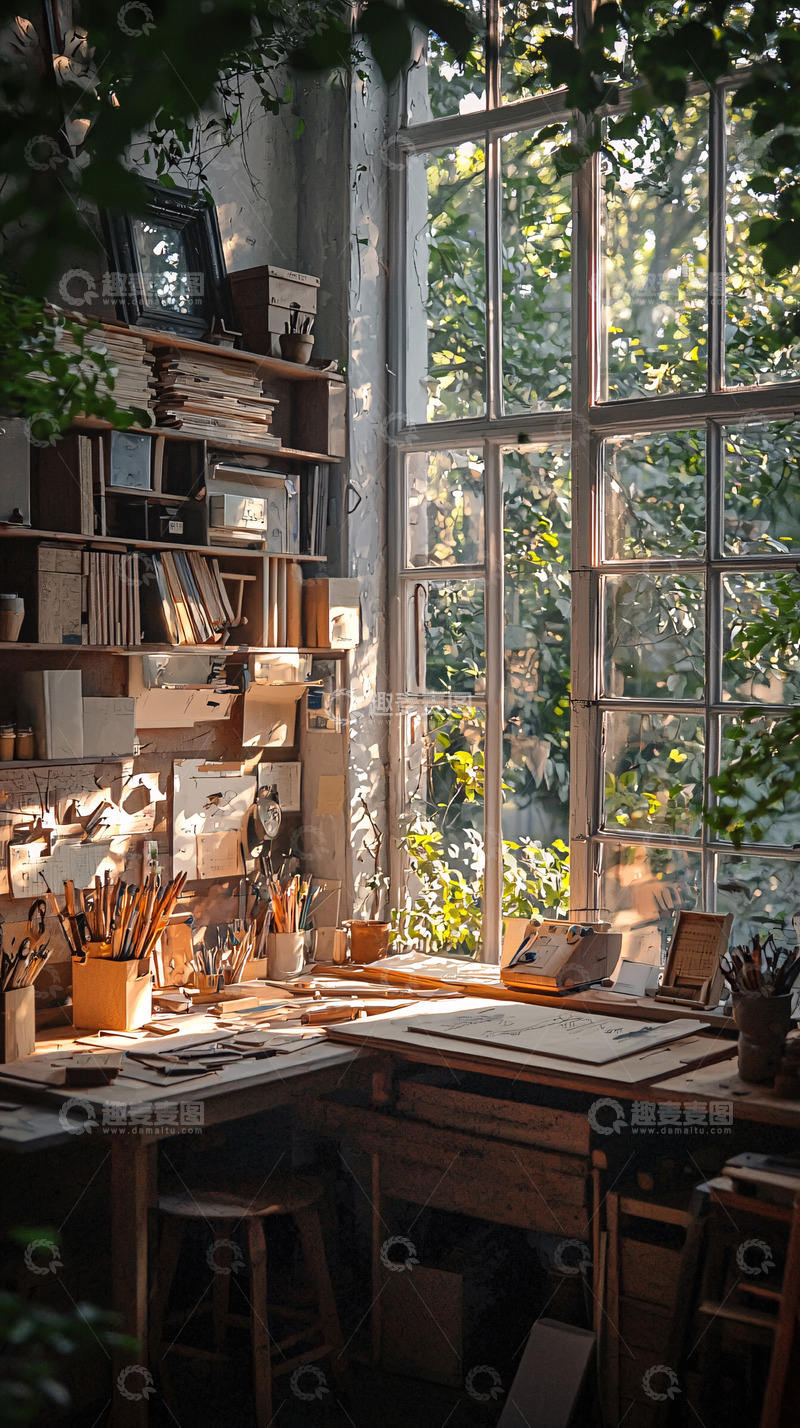 高清大图下载【趣麦麦图】阳光洒在充满绿意的艺术工作室