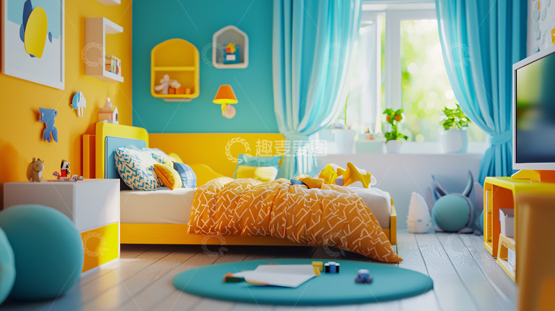 高清大图下载【趣麦麦图】黄蓝撞色儿童房