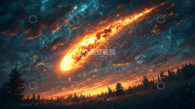 高清大图下载【趣麦麦图】燃烧陨石坠落森林
