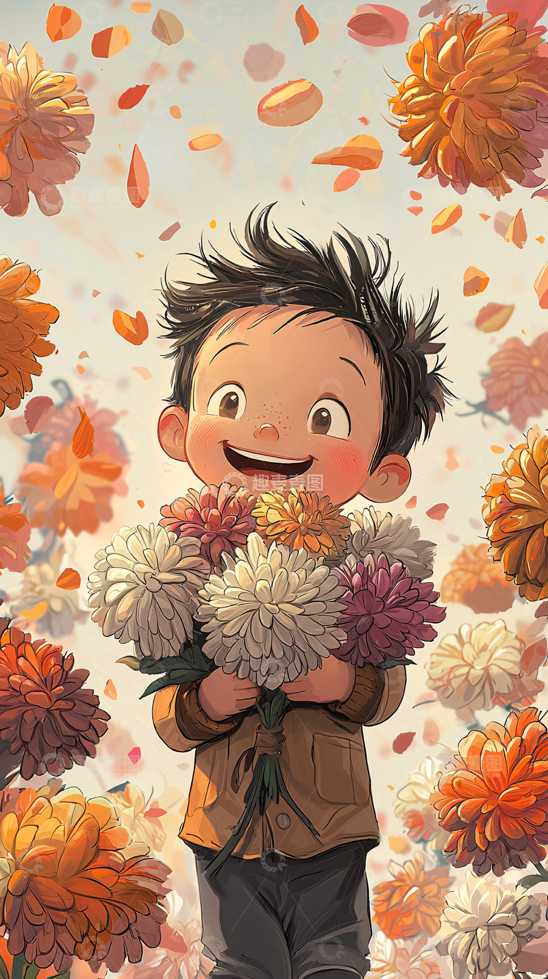 高清大图下载【趣麦麦图】抱着菊花的快乐男孩