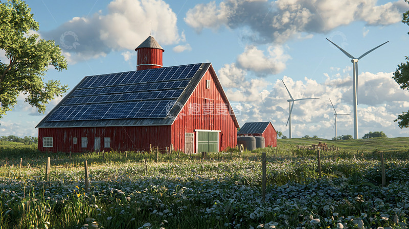 高清大图下载【趣麦麦图】红木谷仓太阳能风力发电