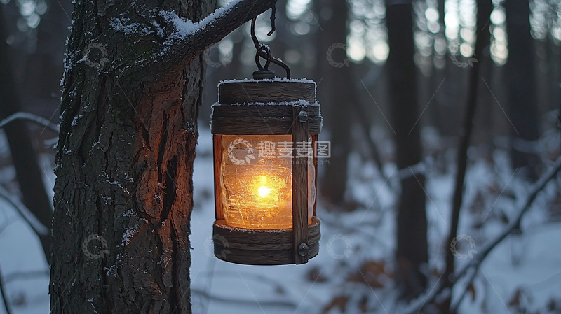 高清大图下载【趣麦麦图】冬季森林里挂着的灯笼