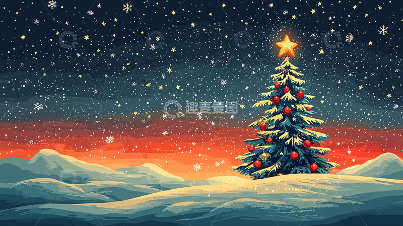 高清大图下载【趣麦麦图】圣诞夜雪景下的圣诞树