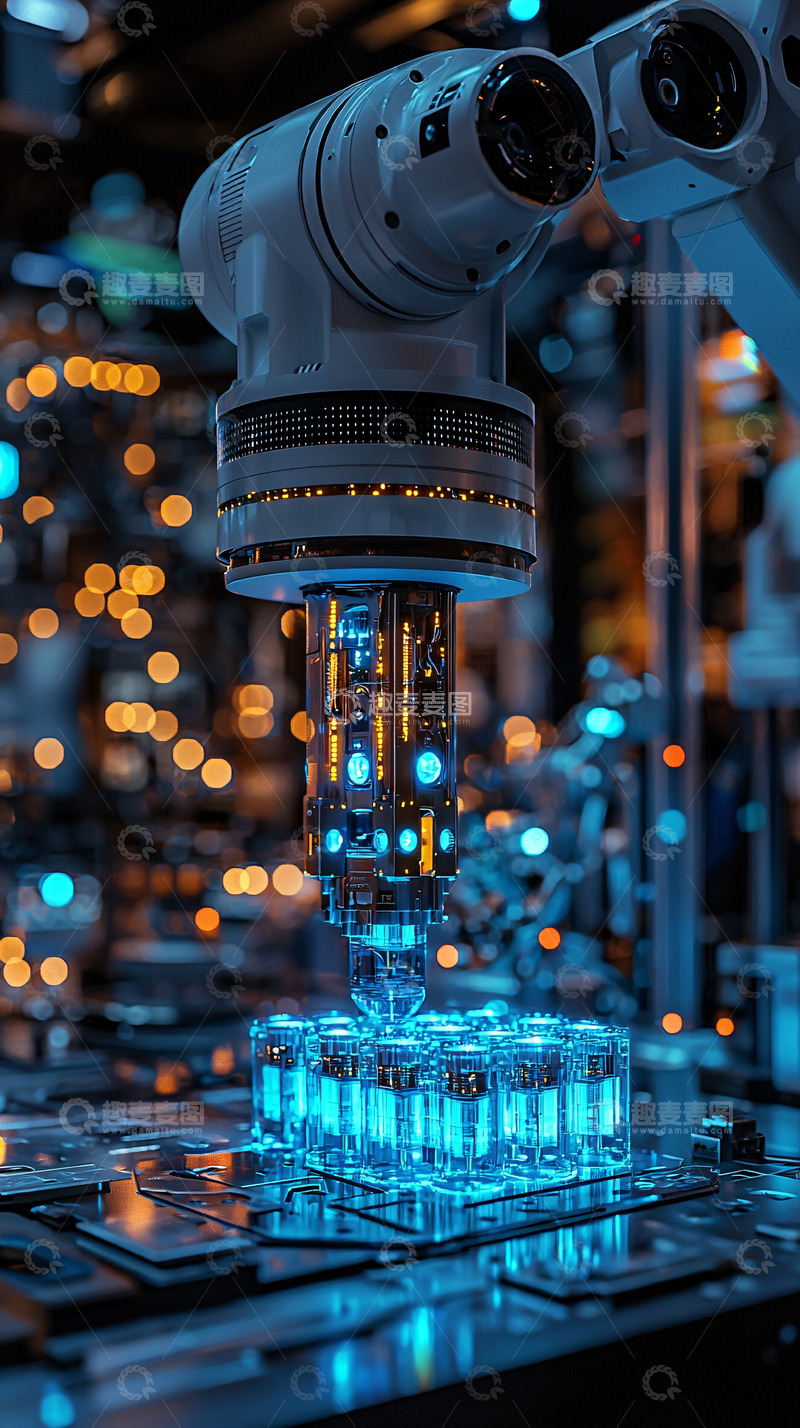高清大图下载【趣麦麦图】机械臂制造蓝色发光容器