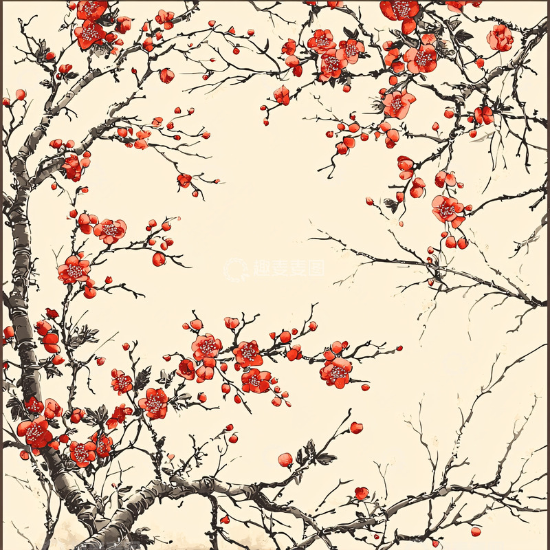 高清大图下载【趣麦麦图】红色梅花枝条水墨画