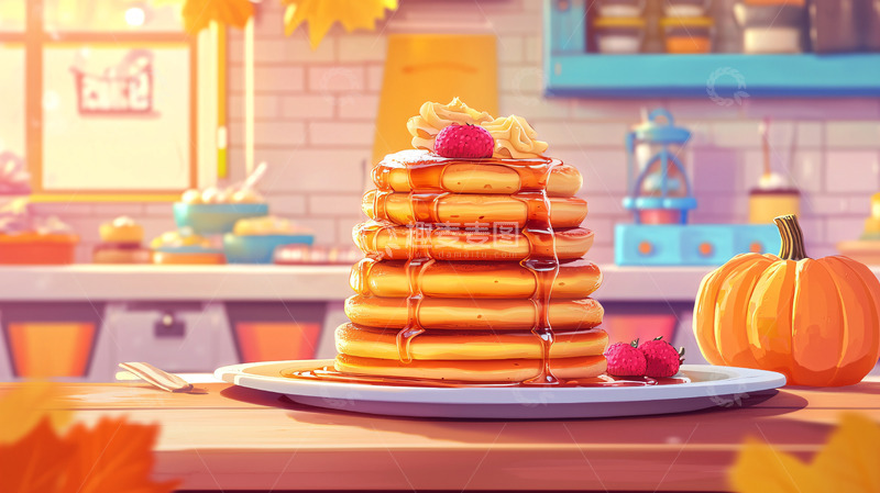 高清大图下载【趣麦麦图】秋天枫叶南瓜松饼早餐