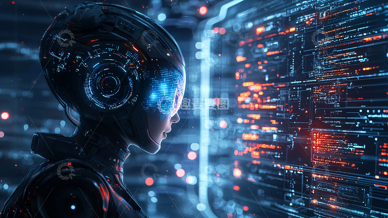 高清大图下载【趣麦麦图】未来科技感机器人凝视屏幕