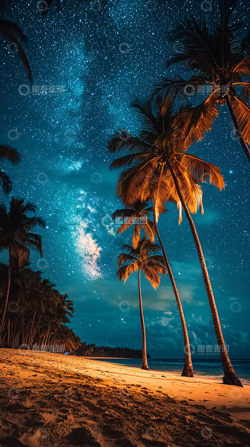 高清大图下载【趣麦麦图】星空下的棕榈树海滩