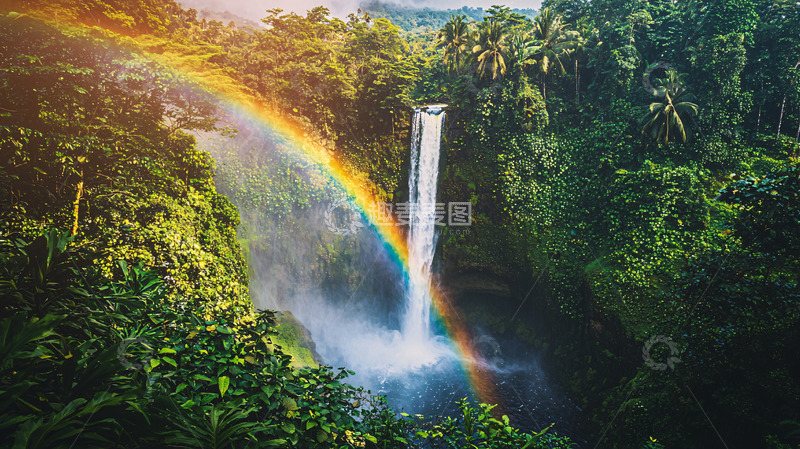 高清大图下载【趣麦麦图】热带雨林瀑布彩虹景观
