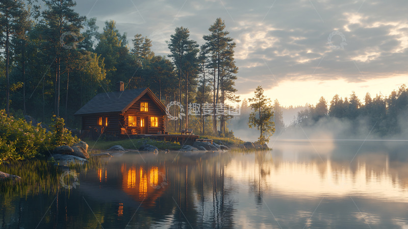 高清大图下载【趣麦麦图】森林湖边小屋日出