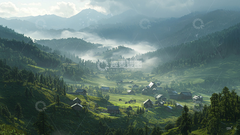高清大图下载【趣麦麦图】山谷晨雾笼罩下的村庄